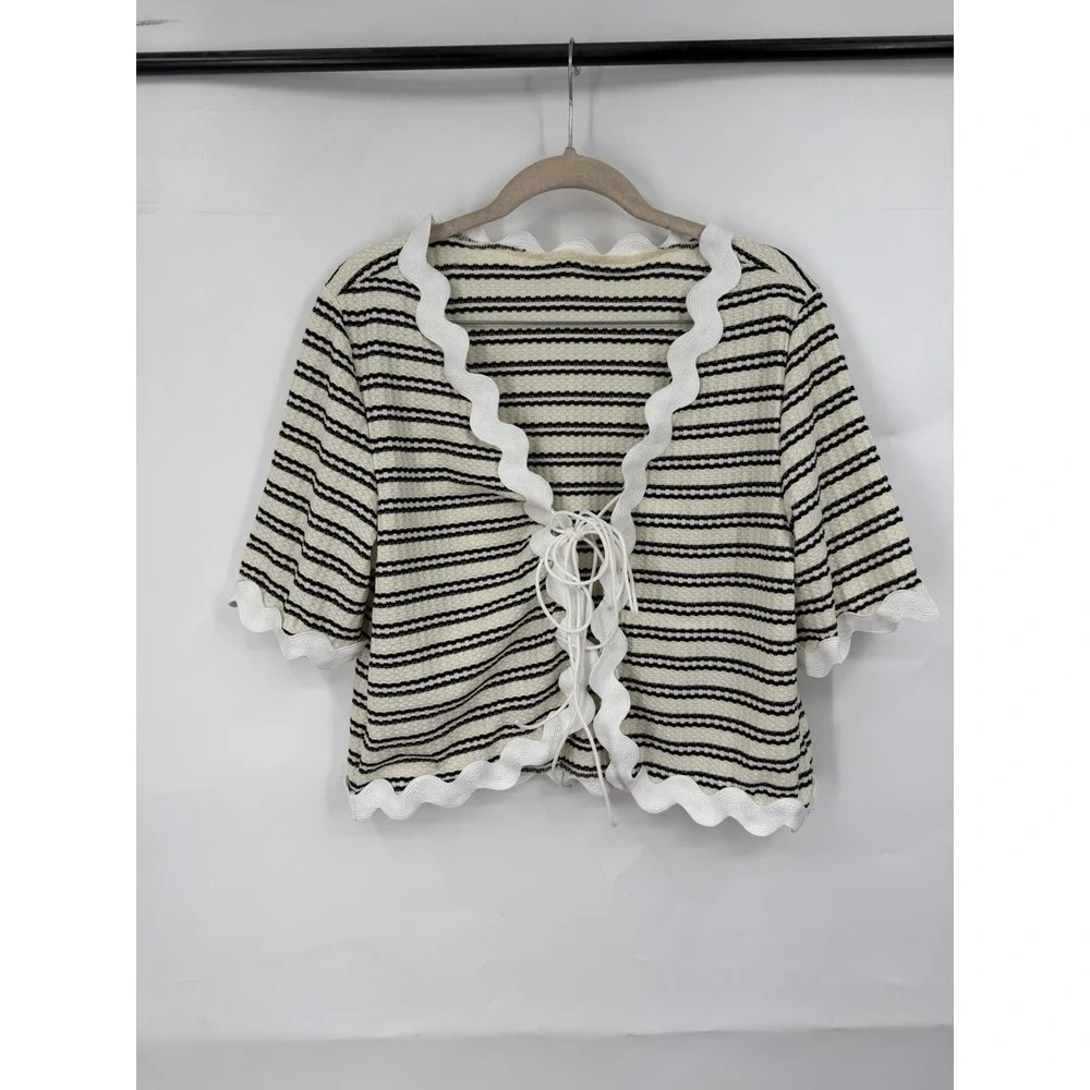 Beach Crochet Tie Front Cropped Coastal Swim Cover Top Women M Striped Resort